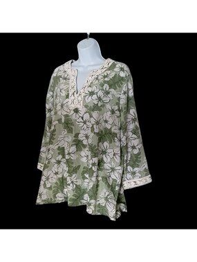 Cathy Daniels Tunic Top Sage/White Venise Lace V Neck 3/4 Blouse Sleeve Womens L